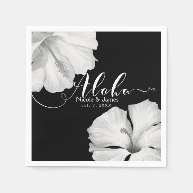 Serviette Jetable Hibiscus blanc Mariage tropical noir Aloha (Devant)