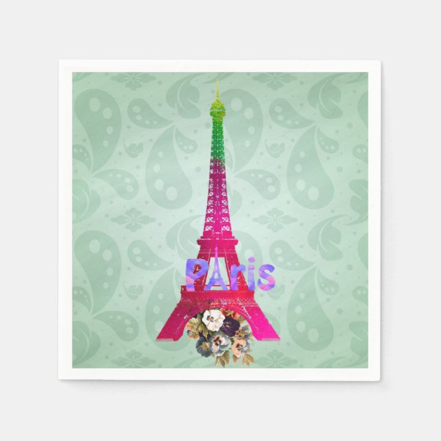Serviette Jetable Hipster Paisley Neon Français Paris Tour Eiffel (Devant)