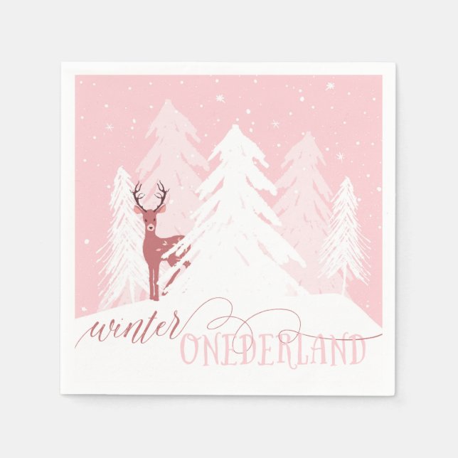 Serviette Jetable Hiver Onederland Premier anniversaire Napkin rose (Devant)