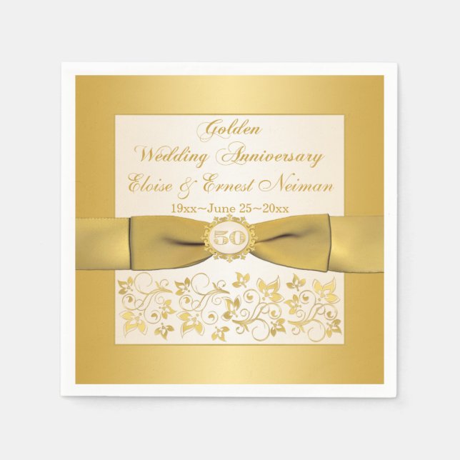 Serviette Jetable Ivoire, Or Floral Anniversaire serviettes (Devant)