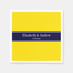 Serviette Jetable Jaune Uni, Ruban Bleu Marine Monogramme Nom