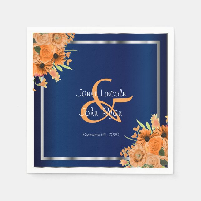 Serviette Jetable Jolies fleurs orange sur bleu marine (Devant)