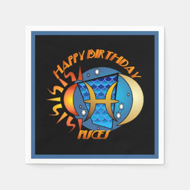Serviette Jetable Joyeux Anniversaire Poissons Zodiac Signal de nais (Devant)