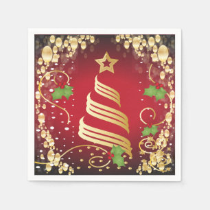 Serviette Jetable Joyeux Noël Festif Rouge et Or brillant