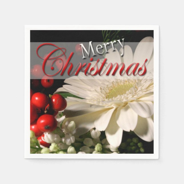 Serviette Jetable Joyeux Noël Rouge Blanc Fleurs de Fêtes (Devant)