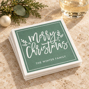 Serviette Jetable Joyeux Noël Vert Écriture Moderne Fêtes