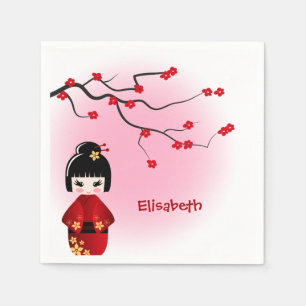 Serviette Jetable La poupée japonaise de kokeshi à Sakura fleurit