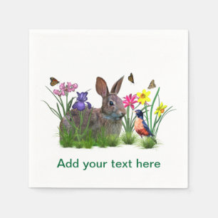 Serviette Jetable Lapin, Robin, et fleurs, personnalisables