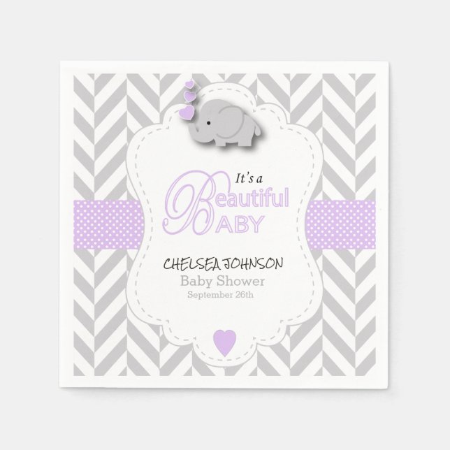 Serviette Jetable Lavande, Baby shower d'éléphant gris blanc (Devant)