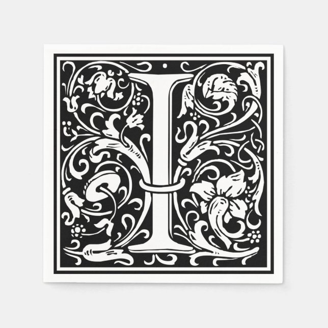 Serviette Jetable Lettre I Monogramme médiéval Art Nouveau (Devant)