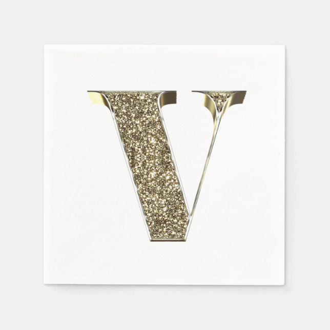 SERVIETTE JETABLE LETTRE MONOMOMOBILE INITIALE V ÉCLAIRÉE D'OR (Devant)