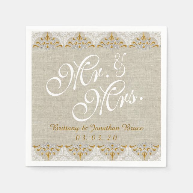 Serviette Jetable Linen Lace M. Mme Rustic Papier Mariage serviettes (Devant)