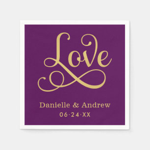 Serviette Jetable Love Elegant Purple Gold Calligraphie Mariage