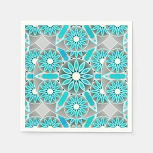 Serviette Jetable Mandala motif, turquoise, gris argenté et blanc