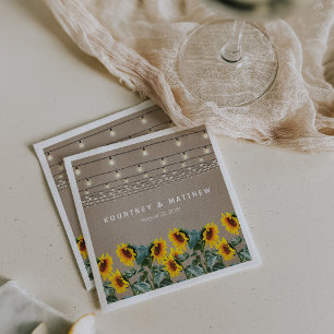 Serviette Jetable Mariage au Jardin Rustique avec Tournesols et Guir