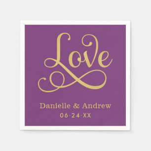 Serviette Jetable Mariage Calligraphié Élégant Violet Or Amour