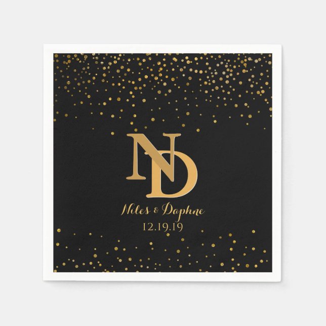 Serviette Jetable Mariage Confetti en or noir glam | Monogramme chic (Devant)