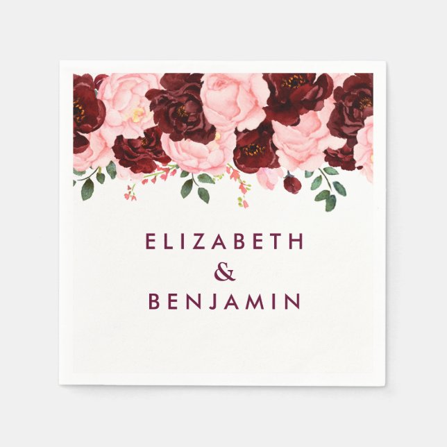 Serviette Jetable Mariage d'aquarelle florale rose et bordeaux (Devant)