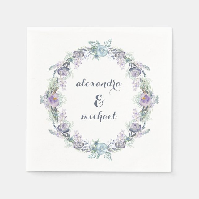 Serviette Jetable Mariage de couronnes florales bleues et violettes (Devant)
