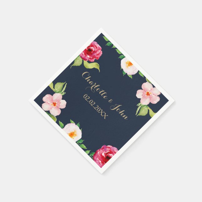 Serviette Jetable mariage de fleurs marine et or aquarelle (Coin)