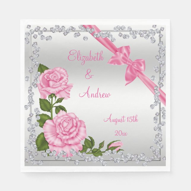Serviette Jetable Mariage de fleurs roses, vaches et diamants (Devant)