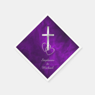 Serviette Jetable Mariage de la Croix chrétienne d'argent violet