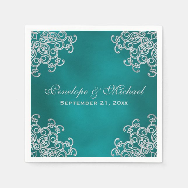 Serviette Jetable Mariage de style indien turquoise et argenté (Devant)