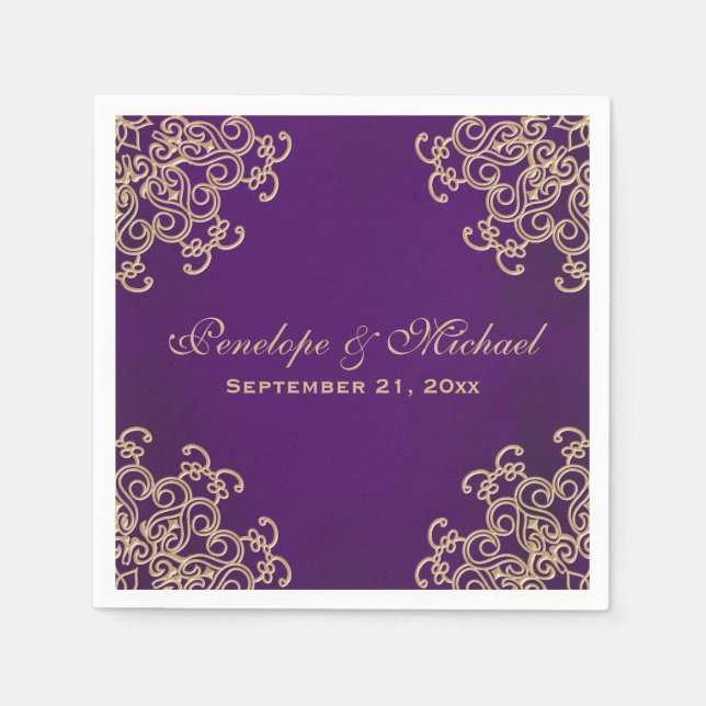 Serviette Jetable Mariage de style indien violet et or (Devant)