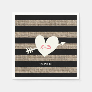 Serviette Jetable Mariage des rayures de Burlap du coeur et de la fl