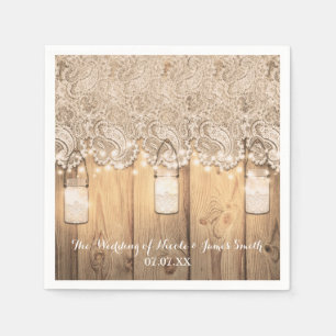 Serviette Jetable Mariage en bois rustique avec jarre de maçon illum