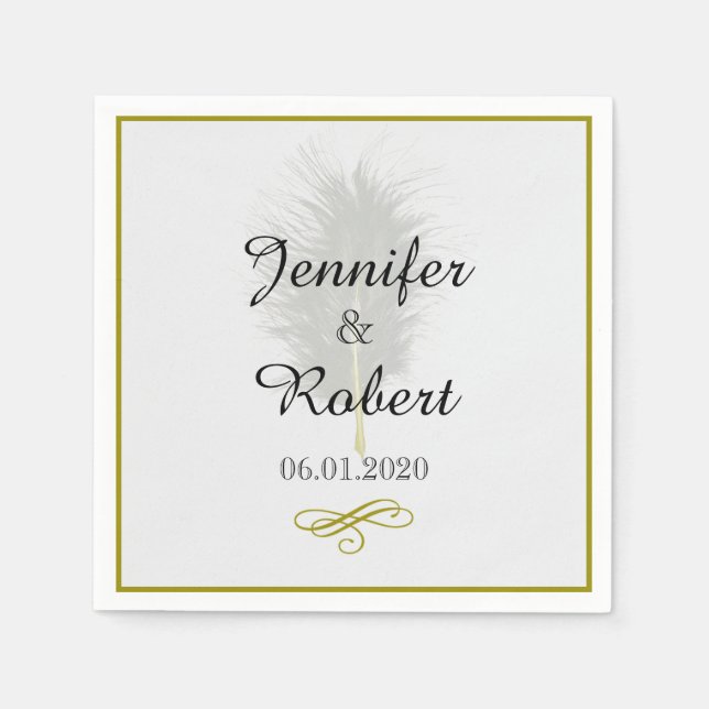 Serviette Jetable Mariage en plumes or et blanc Marabou Napkin (Devant)