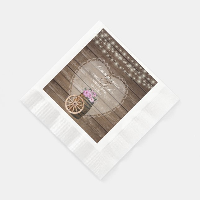 Serviette Jetable Mariage en tonneau rustique et fleurs roses (Coin)