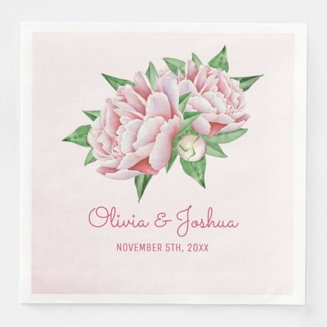 Serviette Jetable Mariage Fleur Aquarelle Pivoine Rose (Devant)