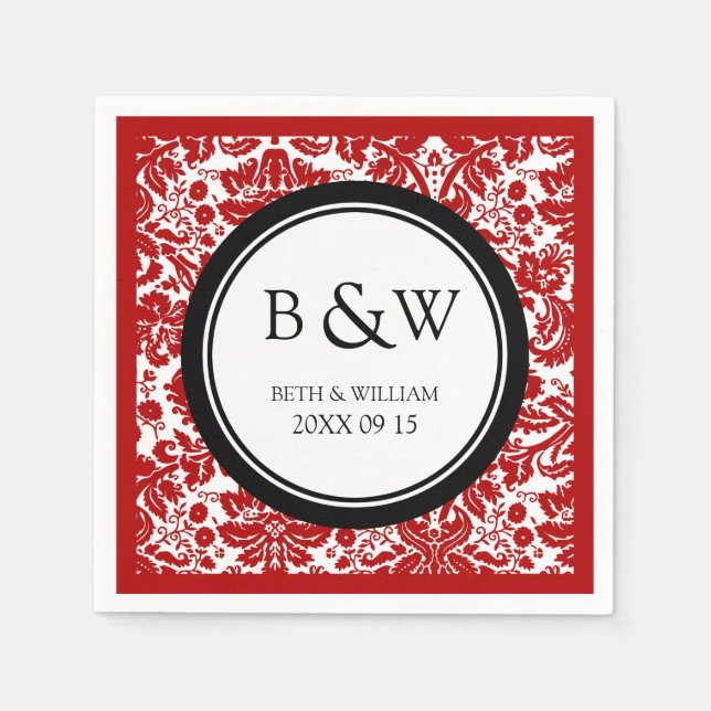 Serviette Jetable Mariage Monogramme personnalisé Napkin noir rouge  (Devant)