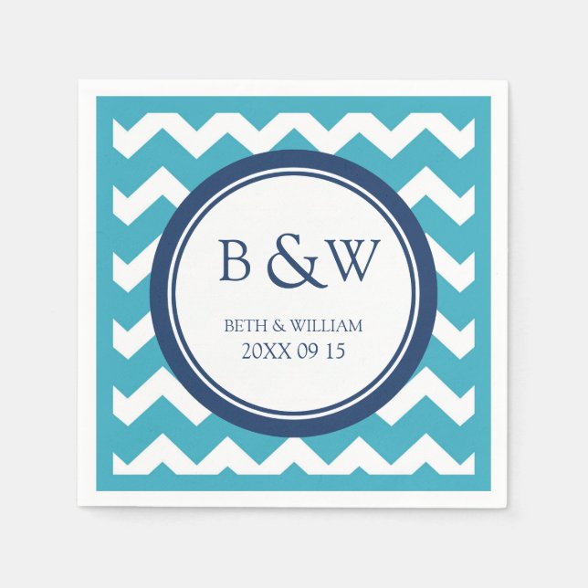 Serviette Jetable Mariage Monogramme personnalisé Napkin Turquoise B (Devant)