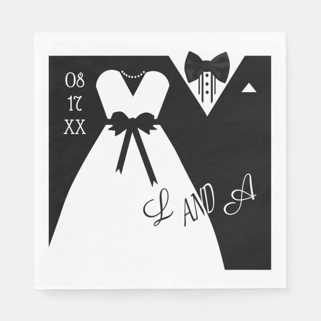 Serviette Jetable Mariage Napkin | Monogramme noir blanc mariée mari (Devant)