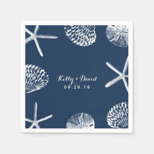 Serviette Jetable Mariage Navy Blue Beach Seashells