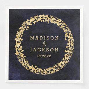 Serviette Jetable Mariage Navy Blue Watercolor & Gold Confetti