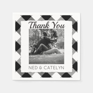 Serviette Jetable Mariage Photo Merci Monogramme B&W Buffalo Check