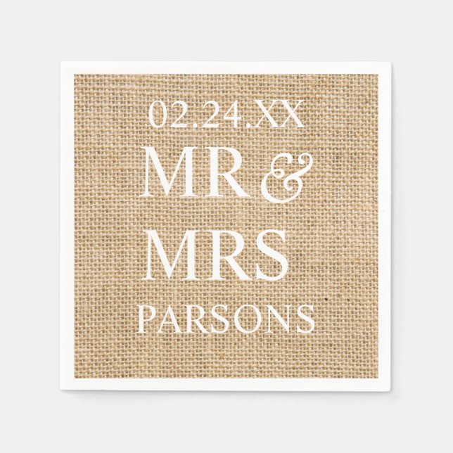 Serviette Jetable Mariage rustique Burlap Nom du Mariage tendance Da (Devant)