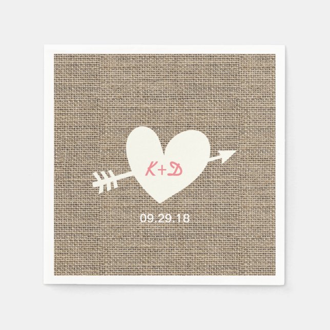 Serviette Jetable Mariage rustique Coeur & Flèche Élégant Burlap (Devant)