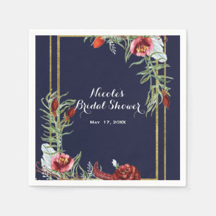 Serviette Jetable Mariage Rustique de Marsala Floral Bleu Nuit Or