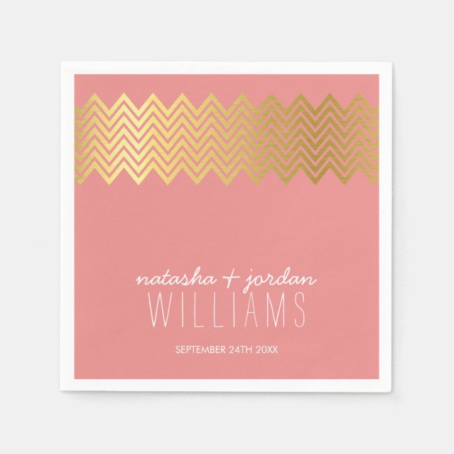 Serviette Jetable MARIAGE TABLE DECOR chevron motif corail or (Devant)