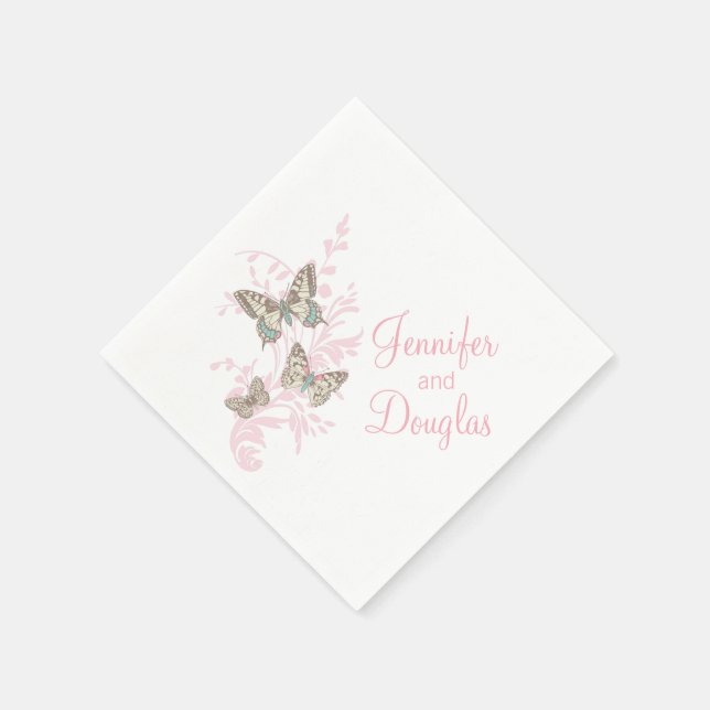 Serviette Jetable Mariage trois papillons à encre rose papier servie (Coin)