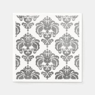 Serviette Jetable Mariage Vintage Argent et Blanc Damassé Fête Evéne