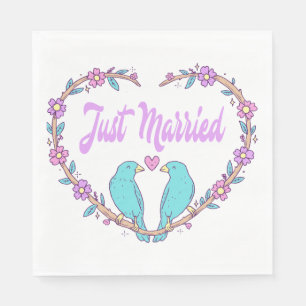 Serviette Jetable Mariés Violets Oiseaux de l'Amour Fleuris Coeur de