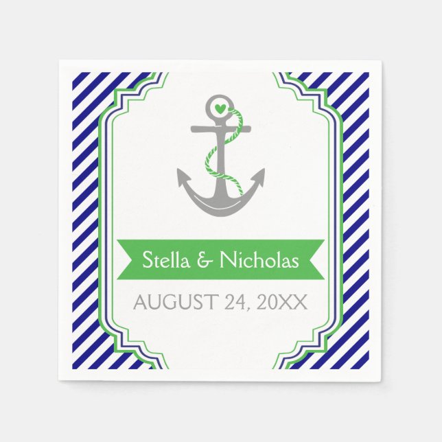 Serviette Jetable Marine bleu, Kelly vert ancre mariage nautique (Devant)
