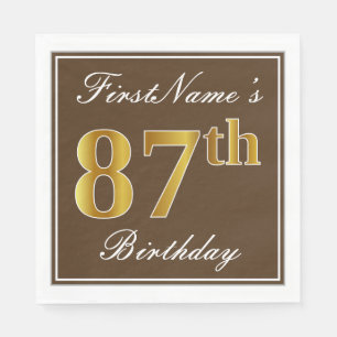 Serviette Jetable Marron Élégant, Or Faux 87e Anniversaire + Nom