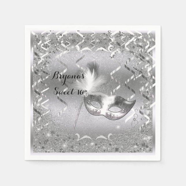 Serviette Jetable Mascarade d'argent Mascarade Masque élégant bal fê (Devant)