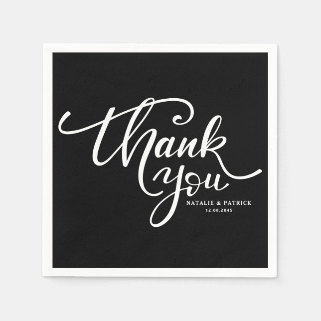 Serviette Jetable Merci Mariage Lettré à main noire et blanche (Devant)
